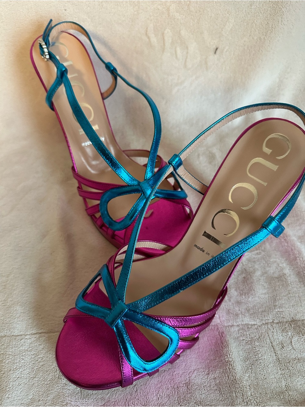 Gucci Metallic Teal-Strap Fuchsia Bow Slingback Heels